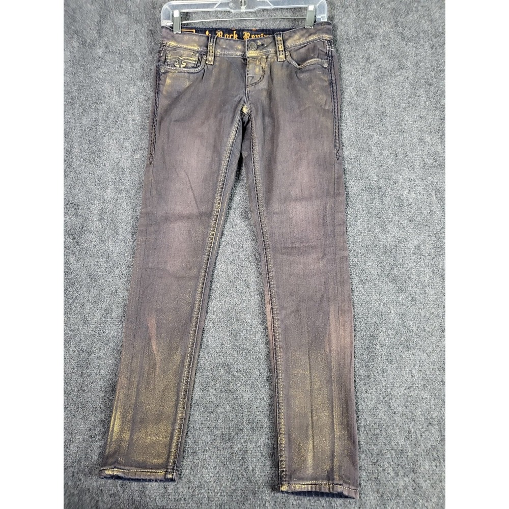Rock Revival‎ Amelia Skinny Jeans Womens 24 Black Gold Metallic Foil Rhinestone